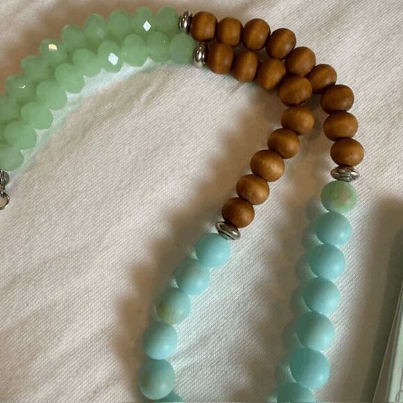 NWT Starfish Statement Necklace and Earrings Set Silver Tone Blue Green Wood - Picture 7 of 11